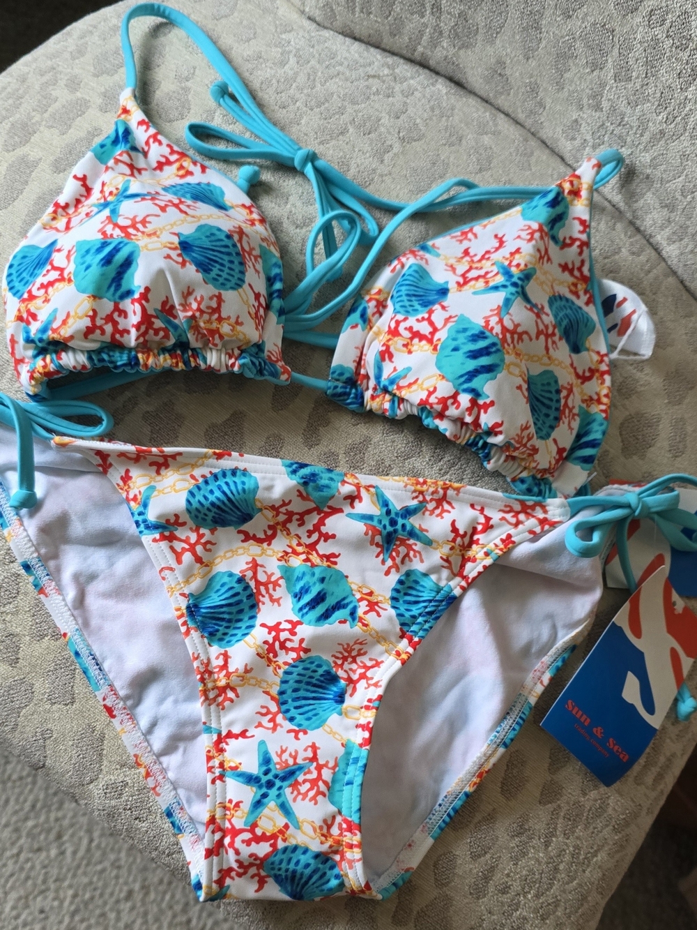 NWT Turquoise Shell & Coral Print Triangle Bikini, Sun & Sea, Top XL Bottom M